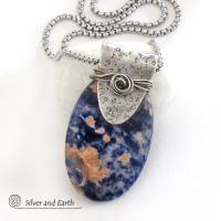 Handcrafted Sterling Silver Necklace with Orange & Blue Sodalite Gemstone - Unique One of a Kind Jewelry