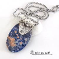 Handcrafted Sterling Silver Necklace with Orange & Blue Sodalite Gemstone - Unique One of a Kind Jewelry