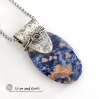 Handcrafted Sterling Silver Necklace with Orange & Blue Sodalite Gemstone - Unique One of a Kind Jewelry