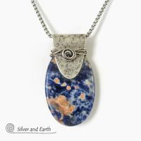 Handcrafted Sterling Silver Necklace with Orange & Blue Sodalite Gemstone - Unique One of a Kind Jewelry