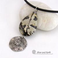 Paintbrush Jasper Stone Necklace with Rustic Hammered Sterling Silver Dangle - One of Kind Natural Stone Jewelry