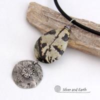 Paintbrush Jasper Stone Necklace with Rustic Hammered Sterling Silver Dangle - One of Kind Natural Stone Jewelry