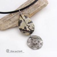 Paintbrush Jasper Stone Necklace with Rustic Hammered Sterling Silver Dangle - One of Kind Natural Stone Jewelry