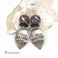 Sterling Silver Earrings with Peruvian Hand Painted Ceramic Beads - Bold Unique Ethnic Tribal Statement Jewelry