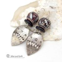Sterling Silver Earrings with Peruvian Hand Painted Ceramic Beads - Bold Unique Ethnic Tribal Statement Jewelry