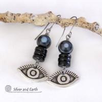 Black Eye Agate Earrings with Pewter Eye Charms - Good Luck Talisman Jewelry