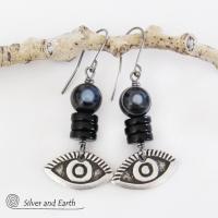 Black Eye Agate Earrings with Pewter Eye Charms - Good Luck Talisman Jewelry