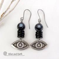 Black Eye Agate Earrings with Pewter Eye Charms - Good Luck Talisman Jewelry