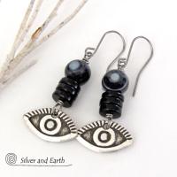 Black Eye Agate Earrings with Pewter Eye Charms - Good Luck Talisman Jewelry