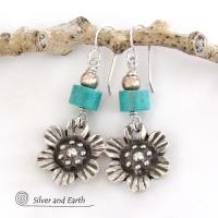 Silver Pewter Flower Earrings with Turquoise - Nature Jewelry Gifts for Her