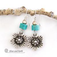 Silver Pewter Flower Earrings with Turquoise - Nature Jewelry Gifts for Her