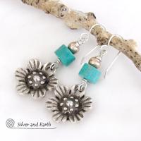 Silver Pewter Flower Earrings with Turquoise - Nature Jewelry Gifts for Her