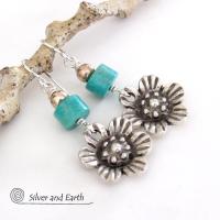 Silver Pewter Flower Earrings with Turquoise - Nature Jewelry Gifts for Her