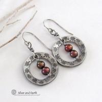 Hand Stamped Small Silver Pewter Circle Hoop Earrings with Bronze Freshwater Pearls - Artisan Handcrafted Earthy Modern Jewelry