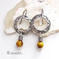 Hand Stamped Silver Pewter Circle Hoop Earrings with Golden Tiger's Eye Gemstones