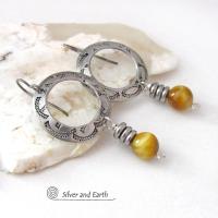 Hand Stamped Silver Pewter Circle Hoop Earrings with Golden Tiger's Eye Gemstones