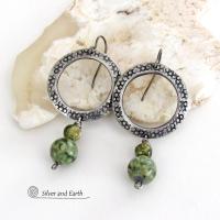 Silver Pewter Circle Hoop Earrings with Green Rainforest Jasper Stones - Modern Earthy Chic Natural Stone Jewelry
