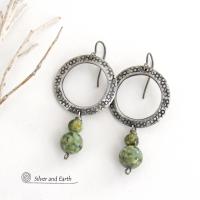 Silver Pewter Circle Hoop Earrings with Green Rainforest Jasper Stones - Modern Earthy Chic Natural Stone Jewelry