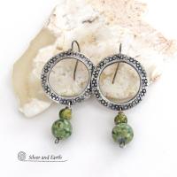 Silver Pewter Circle Hoop Earrings with Green Rainforest Jasper Stones - Modern Earthy Chic Natural Stone Jewelry