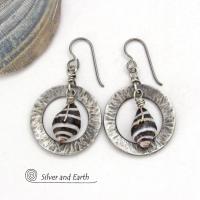 Silver Pewter Circle Hoop Earrings with Black and White Seashells - Artisan Handmade Earthy Natural Sea Shell Jewelry