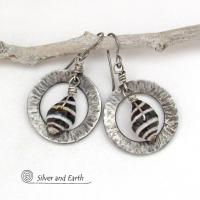 Silver Pewter Circle Hoop Earrings with Black and White Seashells - Artisan Handmade Earthy Natural Sea Shell Jewelry