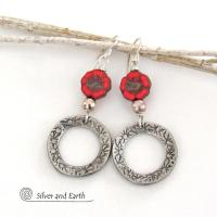 Red Glass Flower Earrings with Pewter Circle Hoop Dangles - Unique Nature Jewelry Gifts for Women