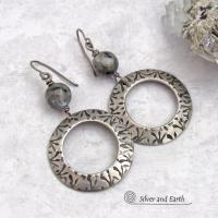 Big Round Silver Pewter Hoop Earrings with Larvikite Gemstones - Black Labradorite Norwegian Moonstone Jewelry