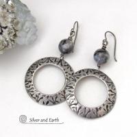 Big Round Silver Pewter Hoop Earrings with Larvikite Gemstones - Black Labradorite Norwegian Moonstone Jewelry