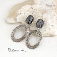 Sterling Silver Dangle Earrings with Grey Black Picasso Marble Gemstones - Artisan Handmade Earthy Natural Stone Jewelry
