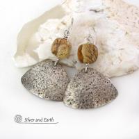 Textured Sterling Silver Dangle Earrings with Picture Jasper Stones