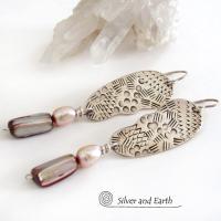 Textured Sterling Silver Earrings with Pink Abalone & Freshwater Pearls - Bold Unique Modern Sterling Silver Jewelry