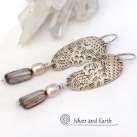 Textured Sterling Silver Earrings with Pink Abalone & Freshwater Pearls - Bold Unique Modern Sterling Silver Jewelry