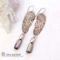 Textured Sterling Silver Earrings with Pink Abalone & Freshwater Pearls - Bold Unique Modern Sterling Silver Jewelry