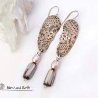 Textured Sterling Silver Earrings with Pink Abalone & Freshwater Pearls - Bold Unique Modern Sterling Silver Jewelry