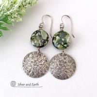 Hand Stamped Sterling Silver Earrings with Earthy Natural Green Rainforest Jasper Stones