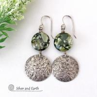 Hand Stamped Sterling Silver Earrings with Earthy Natural Green Rainforest Jasper Stones