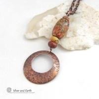 Red Creek Jasper Stone and Copper Circle Pendant Necklace - Modern Earthy Chic Natural Stone Jewelry