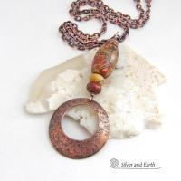 Red Creek Jasper Stone and Copper Circle Pendant Necklace - Modern Earthy Chic One of a Kind Natural Stone Jewelry