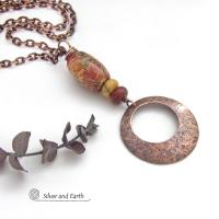 Red Creek Jasper Stone and Copper Circle Pendant Necklace - Modern Earthy Chic Natural Stone Jewelry
