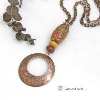 Red Creek Jasper Stone and Copper Circle Pendant Necklace - Modern Earthy Chic Natural Stone Jewelry