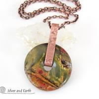 Red Creek Jasper Stone Pendant on Oxidized Copper Chain Necklace - Earthy Natural Gemstone Jewelry