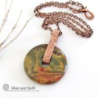 Red Creek Jasper Stone Pendant on Oxidized Copper Chain Necklace - Earthy Natural Gemstone Jewelry