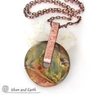 Red Creek Jasper Stone Pendant on Oxidized Copper Chain Necklace - Earthy Natural Gemstone Jewelry