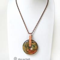 Red Creek Jasper Stone Pendant on Oxidized Copper Chain Necklace - Earthy Natural Gemstone Jewelry