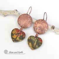 Cherry Creek Jasper Heart Earrings with Copper - Earthy Natural Stone Jewelry Gifts for Women