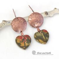 Cherry Creek Jasper Heart Earrings with Copper - Earthy Natural Stone Jewelry Gifts for Women