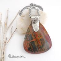 Large Red Creek Jasper Stone Sterling Silver Necklace 