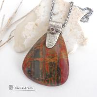 Large Red Creek Jasper Stone Sterling Silver Necklace 