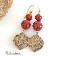 Red Jasper & Gold Brass Dangle Earrings - Elegant Modern Chic Faceted Gemstone Jewelry