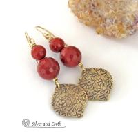 Red Jasper & Gold Brass Dangle Earrings - Elegant Modern Chic Faceted Gemstone Jewelry